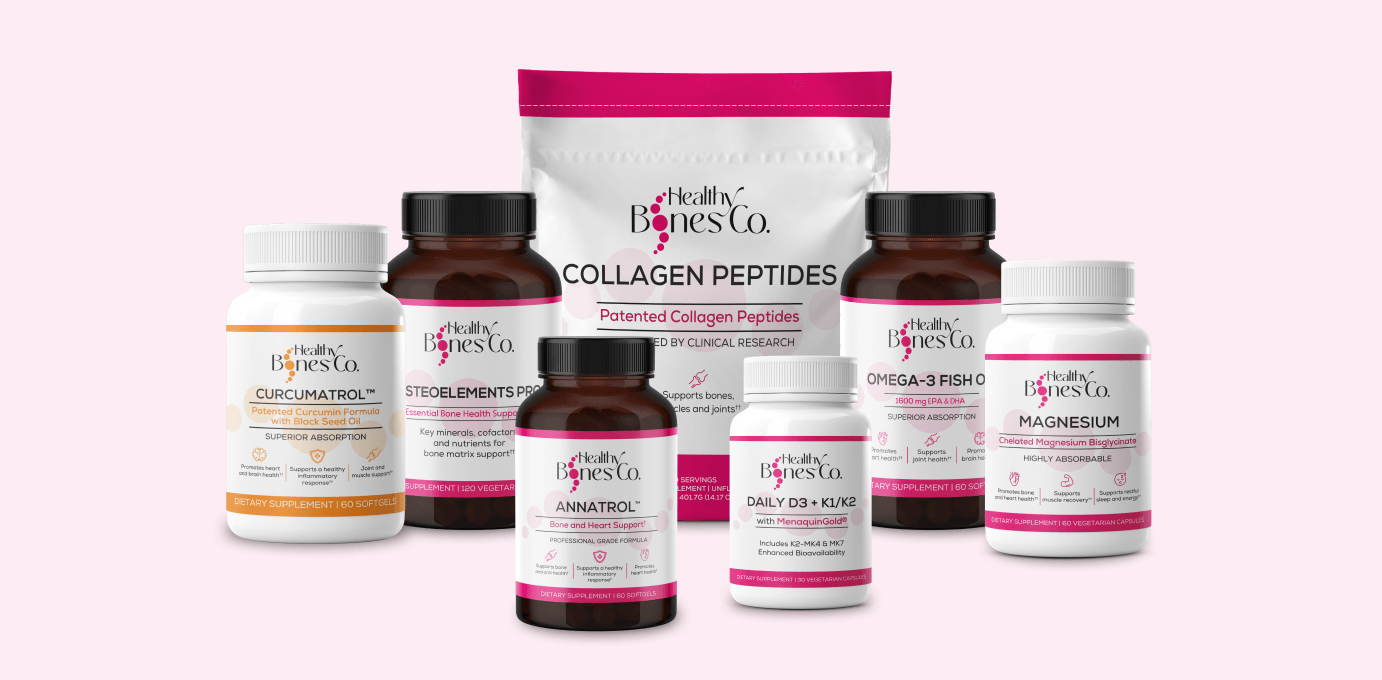 A neatly arranged showcasing of different Healthy Bones Co. products.