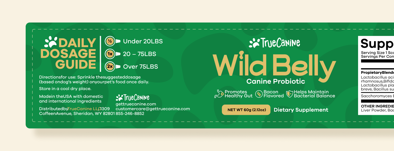 Wild Belly probiotic label showcasing its ingredients and other information.
