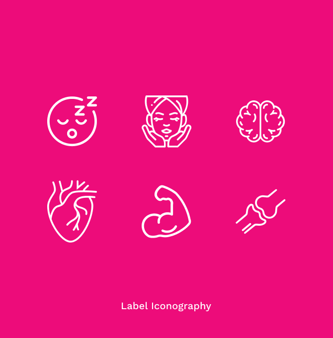 A set of icons used on the labels of Healthy Bones Co. products on a pink background.