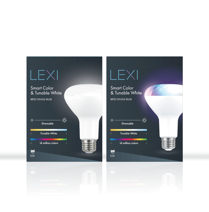 Two packagings of Lexi smart light bulbs.