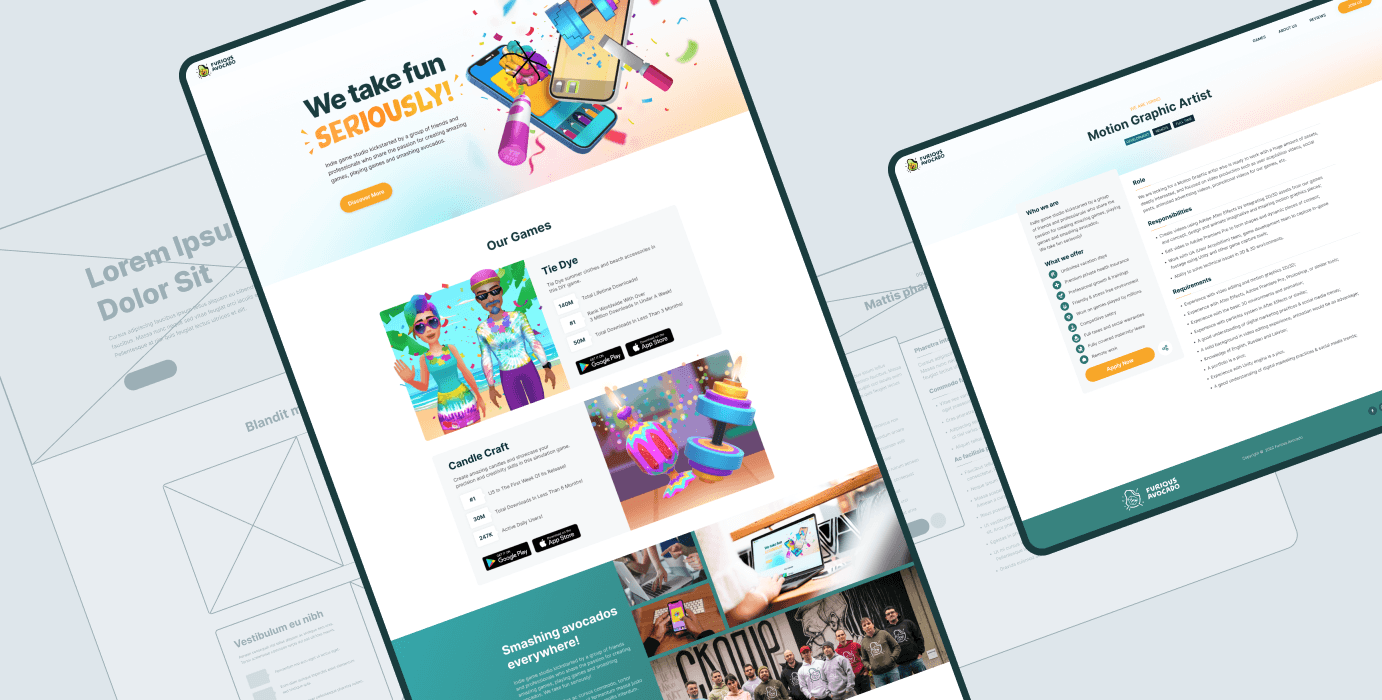 Screens from different pages from the website and a low-fidelity wireframe in the background.