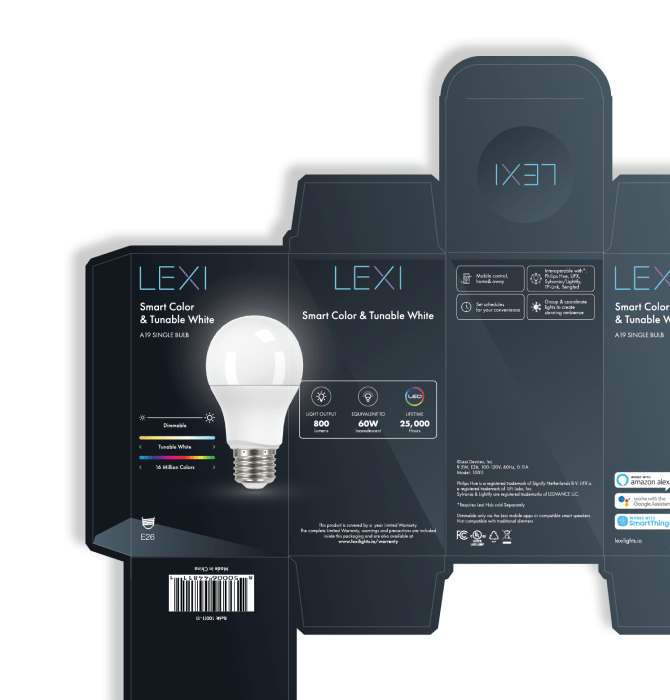 Lexi LED light bulb packaging with product image and specifications.