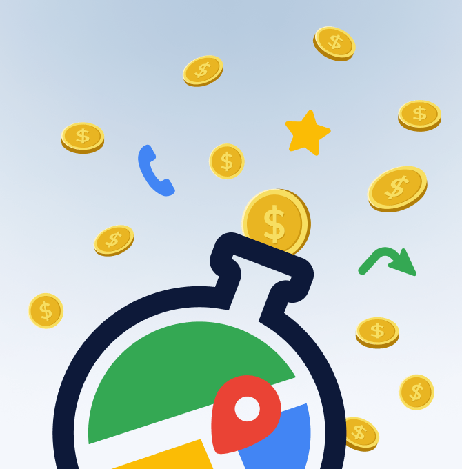 Illustration of Map Labs logo surrounding coins, a phone icon, and a star.