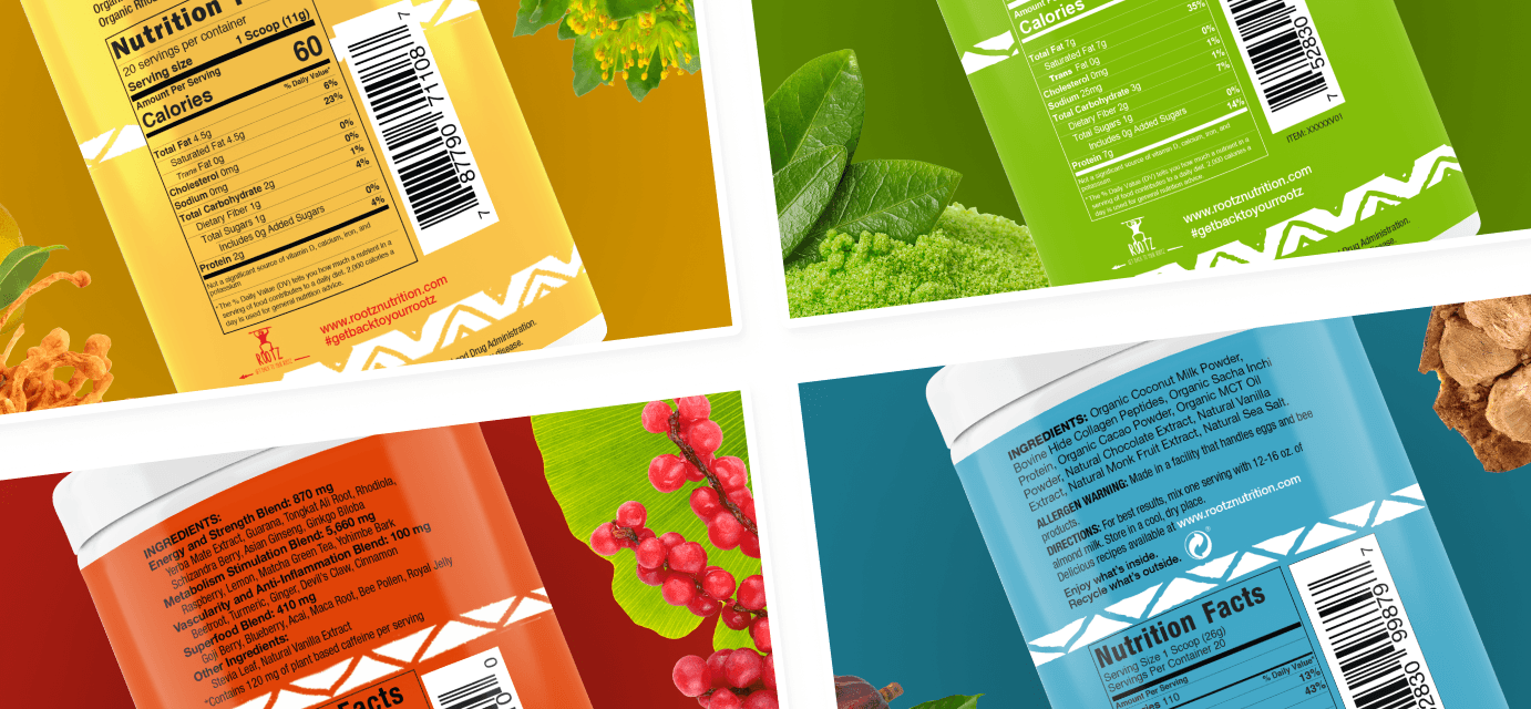 Four different product labels displayed on a white background.