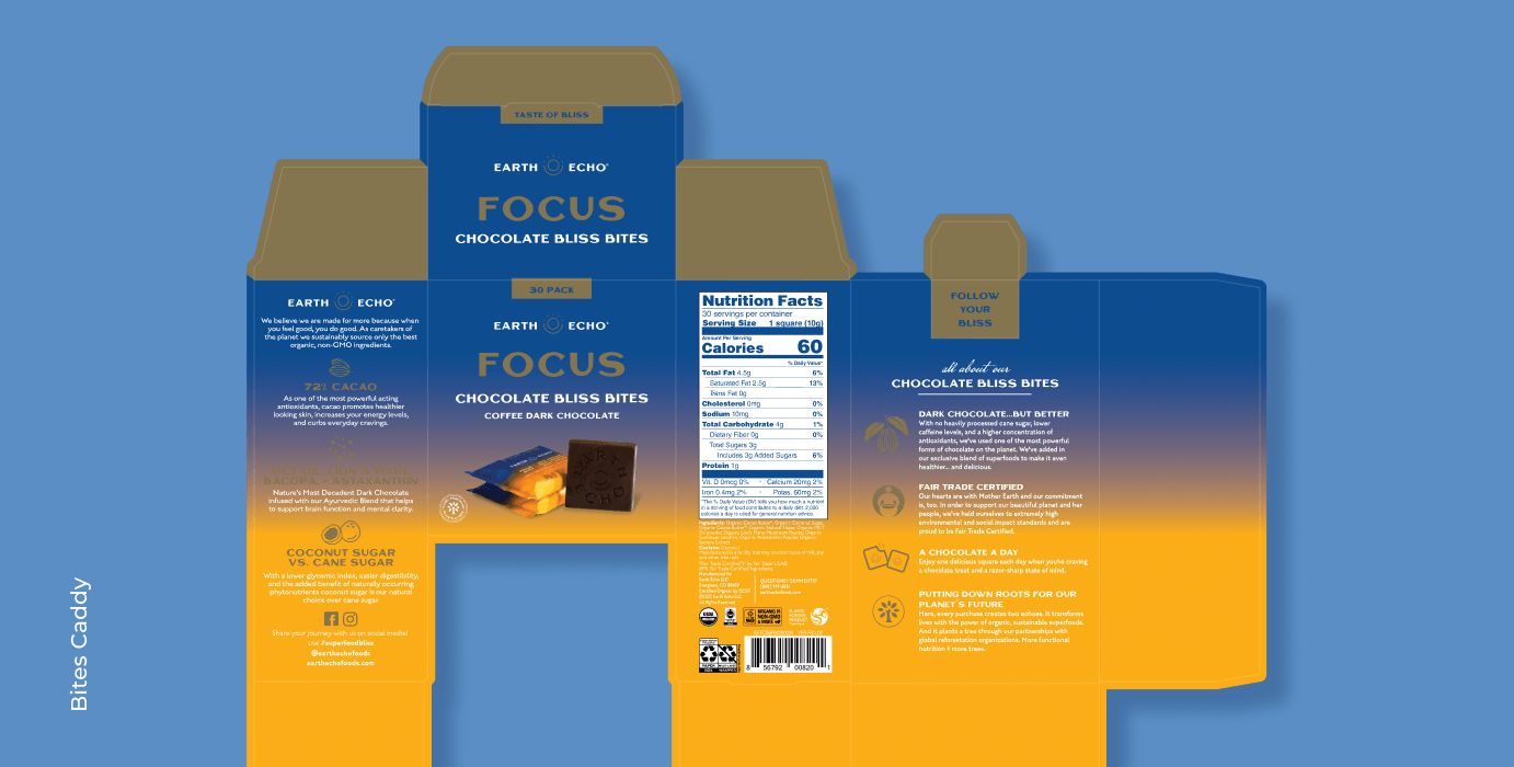 Earth Eco Focus Chocolate Bliss Bites packaging and label.