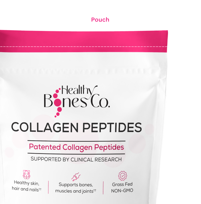 A close-up of Healthy Bones Co. product collagen peptides pouch.