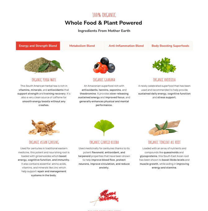 Ingredients displayed with photos and description.