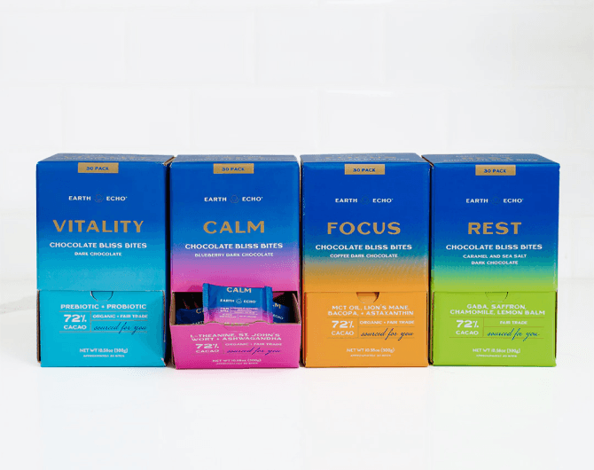 Four boxes of Earth Eco different types of Chocolate Bliss Bites on a counter.