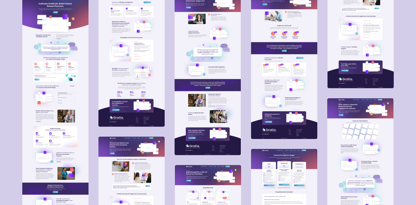 Screenshots of different pages of the Gratia website.