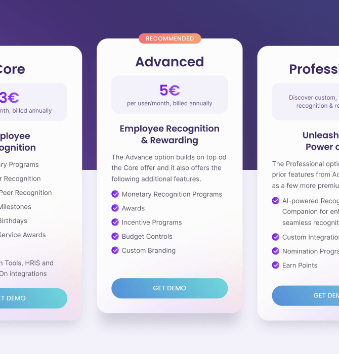 Design showcasing various subscription plans and features available for users from the Gratia website.
