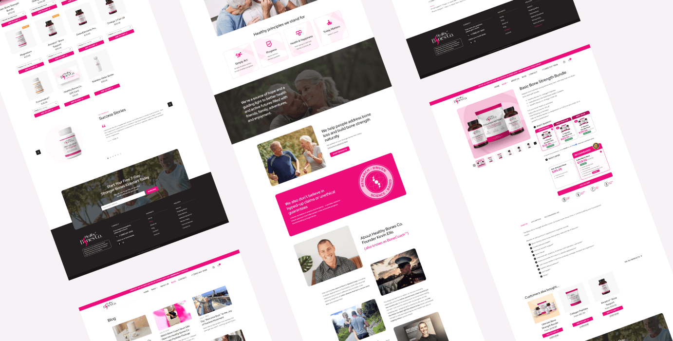 Screenshots of multiple web pages from the Healthy Bones Co. website in different colors and designs.