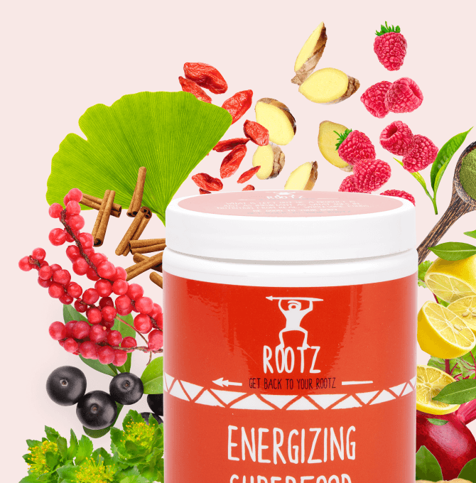 Energizing Superfood canister surrounded by fresh berries and natural ingredients.