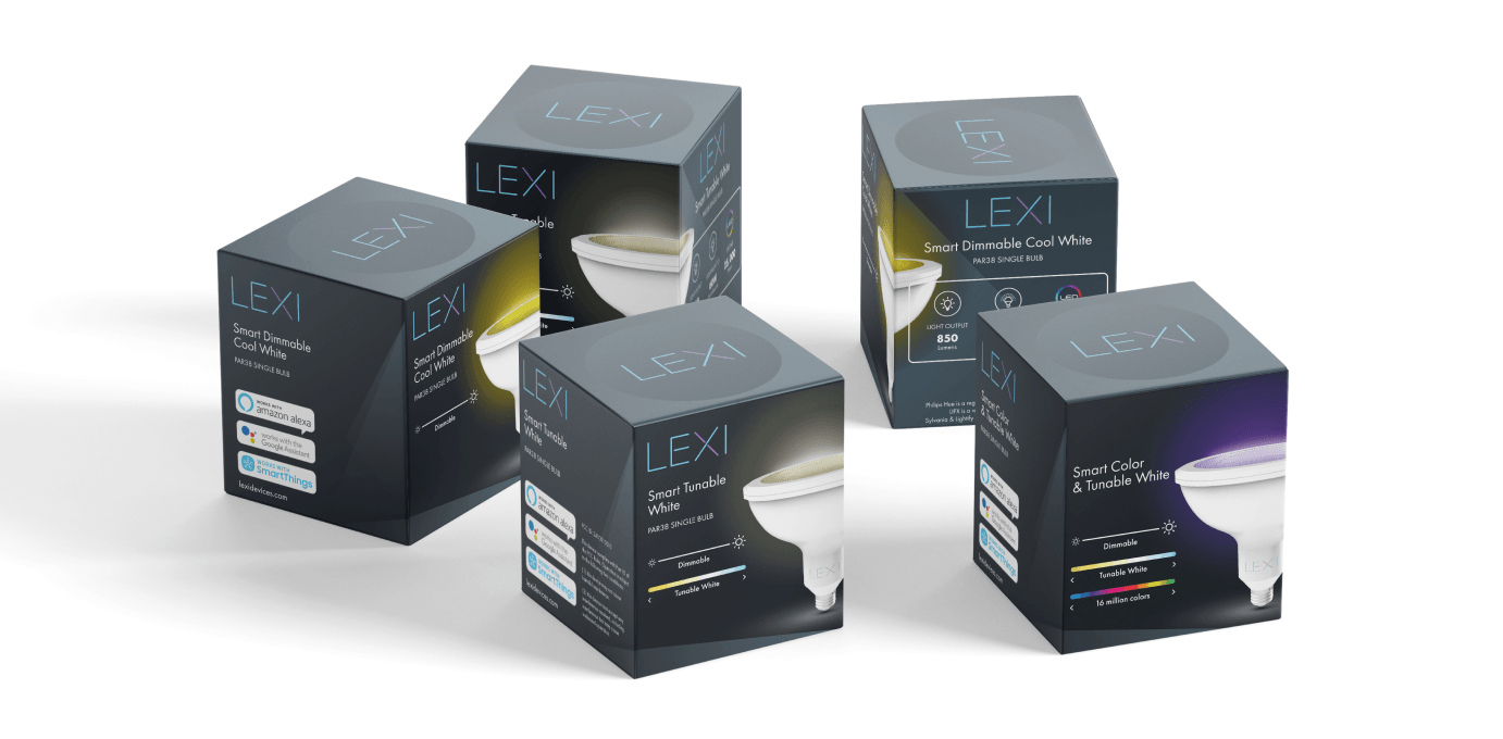 Several packaging boxes for Lexi smart LED light bulbs.