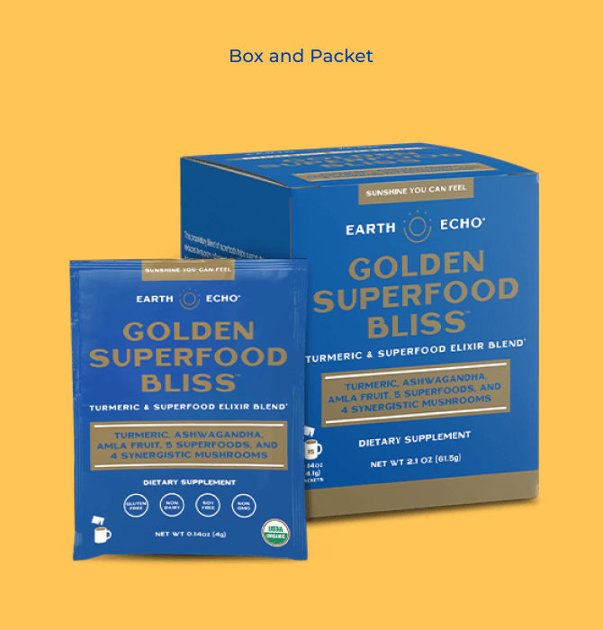 Earth Eco Superfood Blend box packaging and packet design.