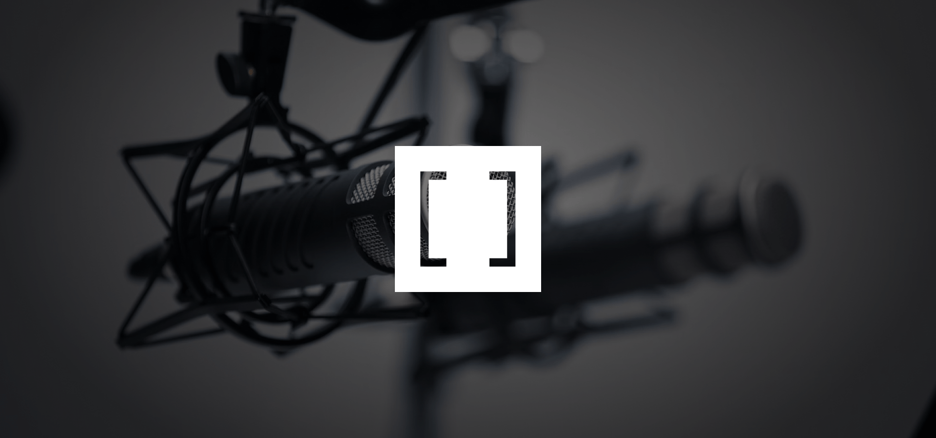 Brand logo with a microphone in the background.